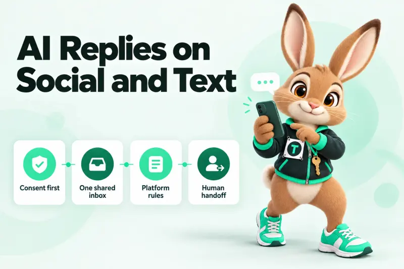 Infographic: AI Replies on Social and Text — Consent first; One shared inbox; Platform rules; Human handoff. Tavi the hare mascot holding a phone with message bubbles.