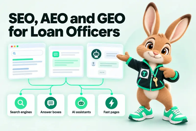 Infographic: SEO, AEO and GEO for Loan Officers — Search engines; Answer boxes; AI assistants; Fast pages. Tavi the hare mascot pointing at three connected screens.