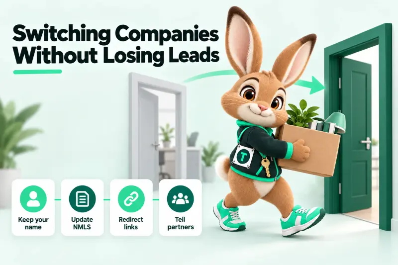 Infographic: Switching Companies Without Losing Leads — Keep your name; Update NMLS; Redirect links; Tell partners. Tavi the hare mascot carrying a moving box between two doorways.