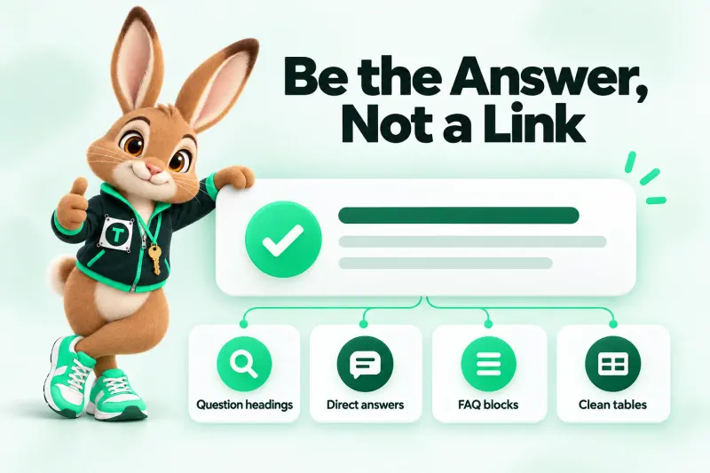 Infographic: Be the Answer, Not a Link — Question headings; Direct answers; FAQ blocks; Clean tables. Tavi the hare mascot standing beside a big answer box card with a check mark.