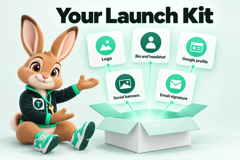 Infographic: Your Launch Kit — Logo; Bio and headshot; Google profile; Social banners; Email signature. Tavi the hare mascot sitting on an open kit box presenting the items.