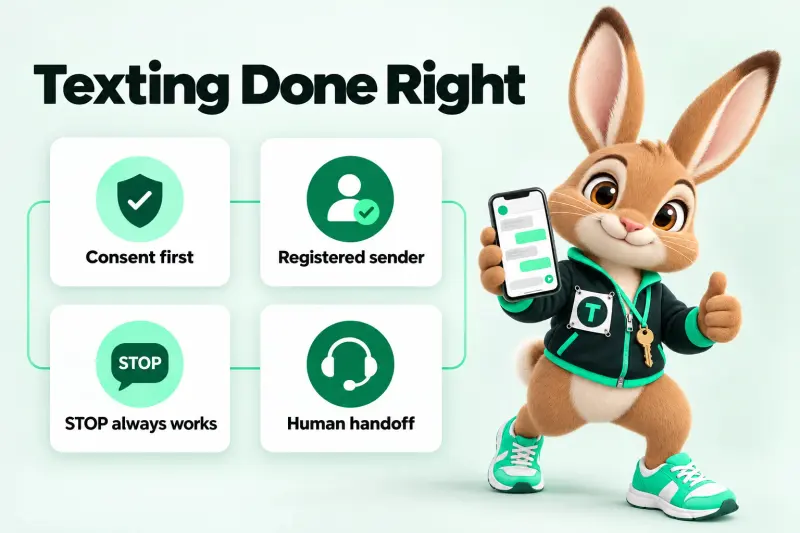 Infographic: Texting Done Right — Consent first; Registered sender; STOP always works; Human handoff. Tavi the hare mascot holding a phone showing a text thread.