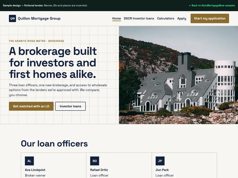 Screenshot of the Quillon Mortgage Group sample website home page