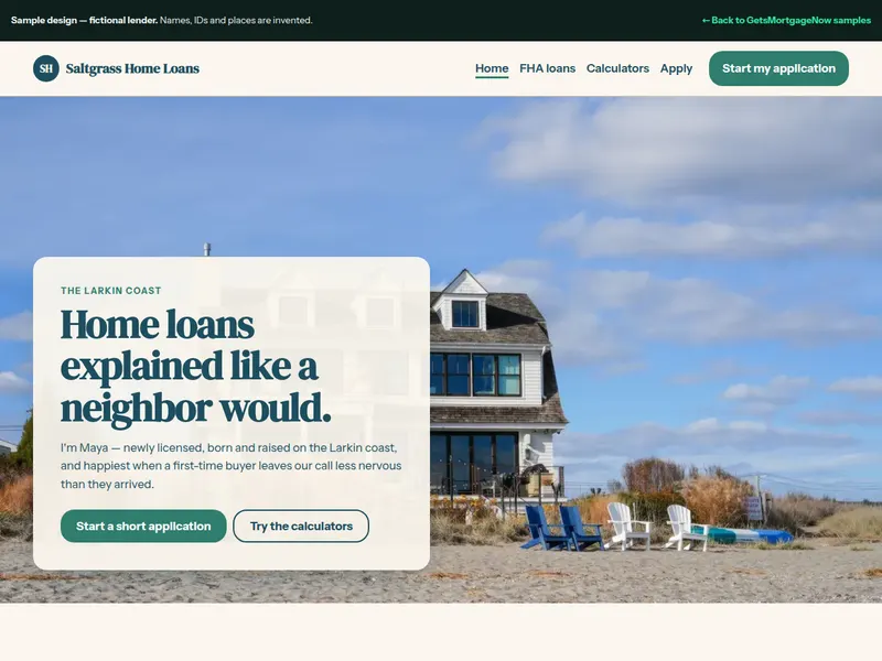 Screenshot of the Saltgrass Home Loans sample website home page