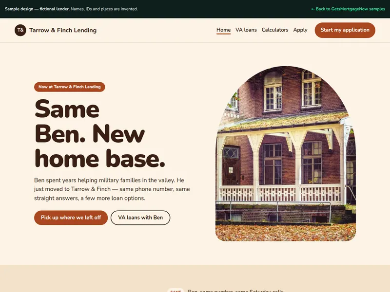 Screenshot of the Tarrow & Finch Lending sample website home page