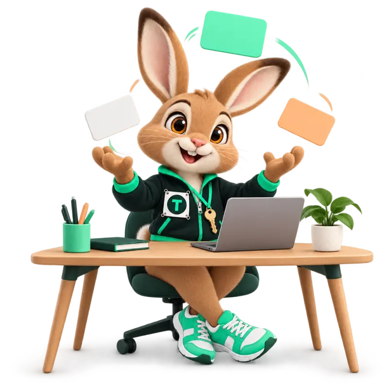 Tavi the hare mascot juggling three small blank cards in mint — a broker website with many lender options.