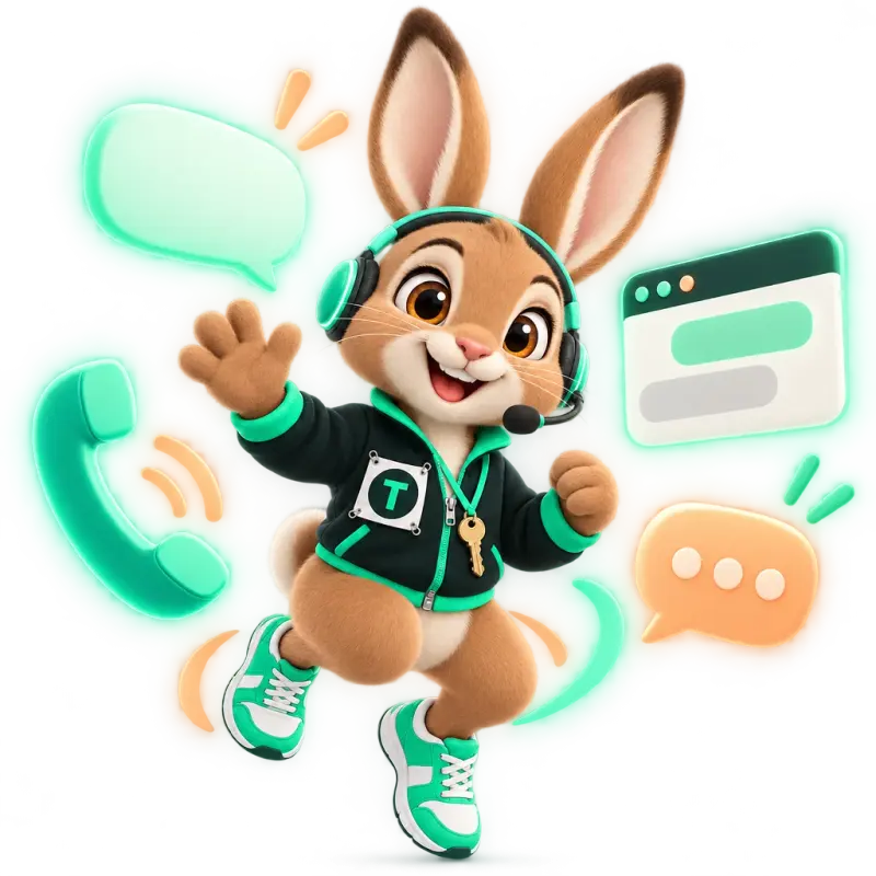 Tavi the hare mascot wearing a headset and waving — the AI Engine answers across channels.