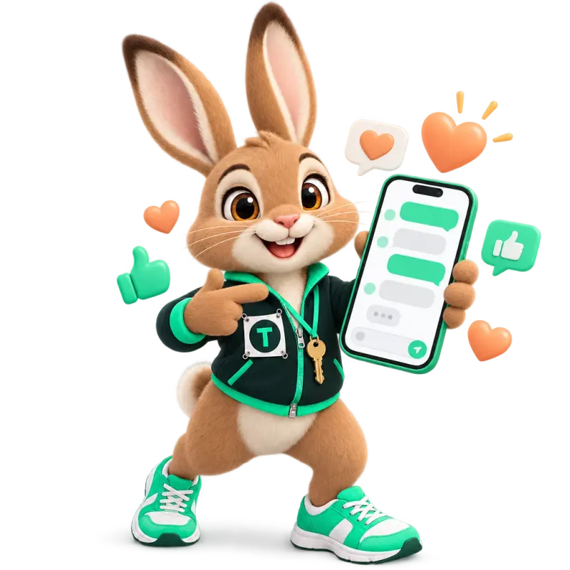 Tavi the hare mascot holding a big unbranded smartphone showing a direct-message thread with blank bubbles — social DMs answered.