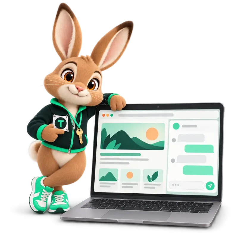 Tavi the hare mascot standing next to a big unbranded laptop whose screen shows a website with a chat window open (blank bubbles) — chat on your website answers visitors.