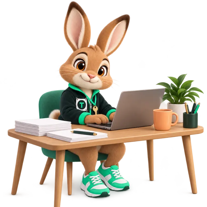 Tavi the hare mascot sitting at a small desk typing on an unbranded laptop — content that answers borrower questions.